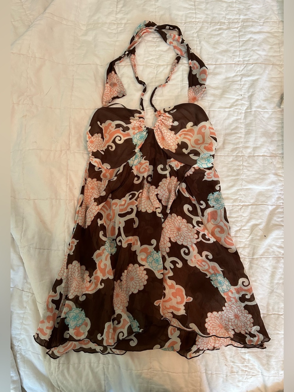 Trina Turk Silk Blend Halter Top Medium Brown Floral Boho Y2K Print